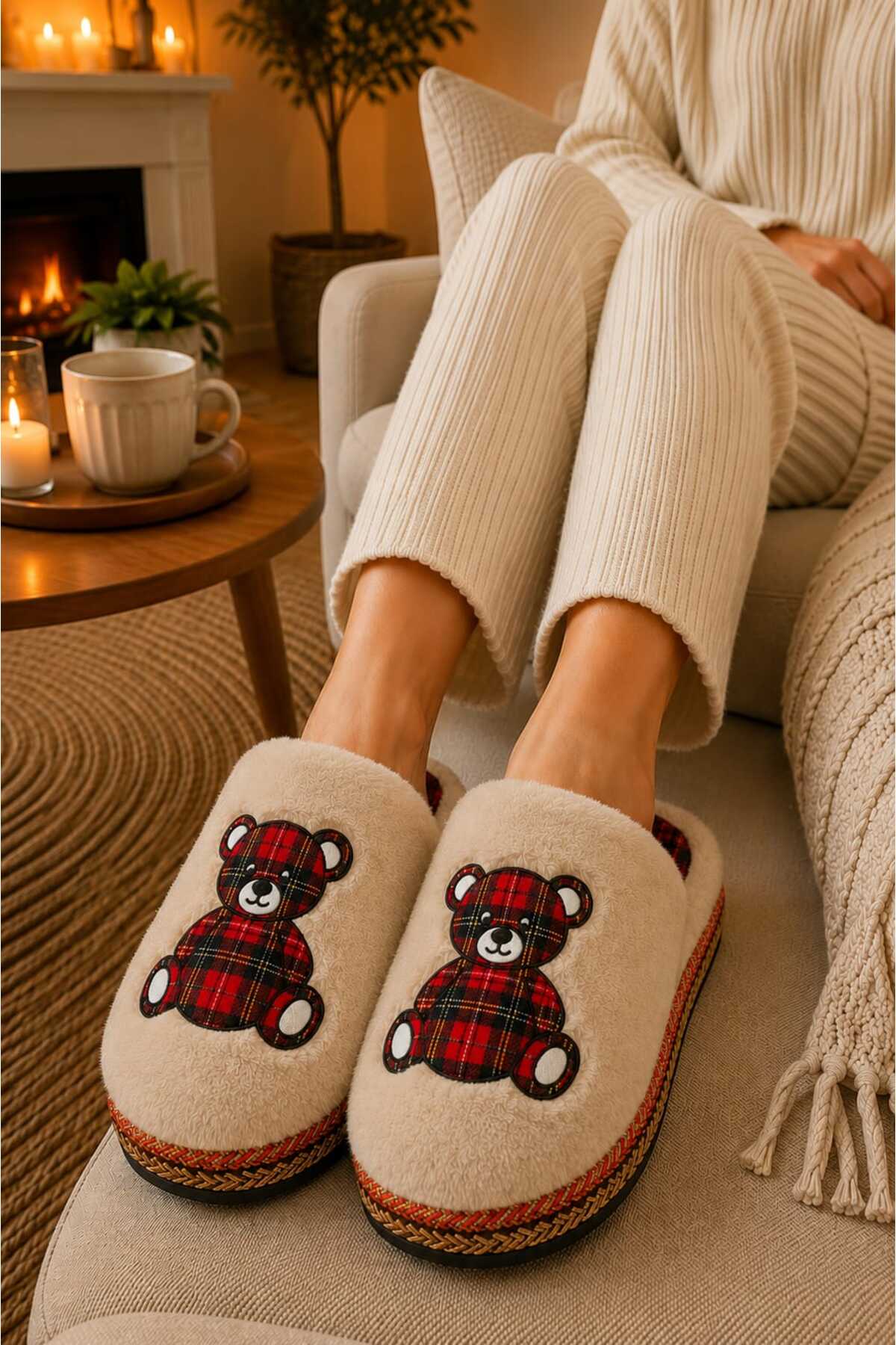 Slipcat Unisex, Ekose Desenli, Ayı Figürlü, Yumuşak, Pelüş Kışlık Ev Terliği görsel 5
