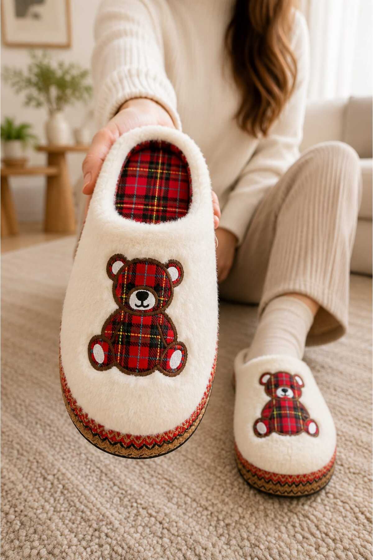 Slipcat Unisex, Ekose Desenli, Ayı Figürlü, Yumuşak, Pelüş Kışlık Ev Terliği görsel 3