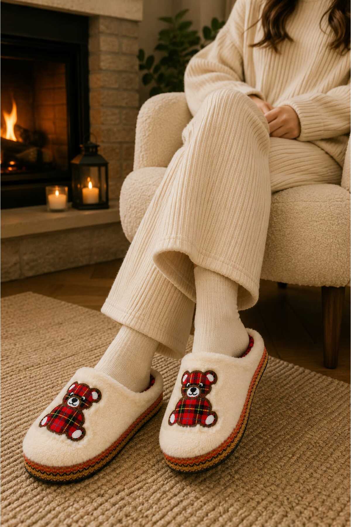 Slipcat Unisex, Ekose Desenli, Ayı Figürlü, Yumuşak, Pelüş Kışlık Ev Terliği görsel 6