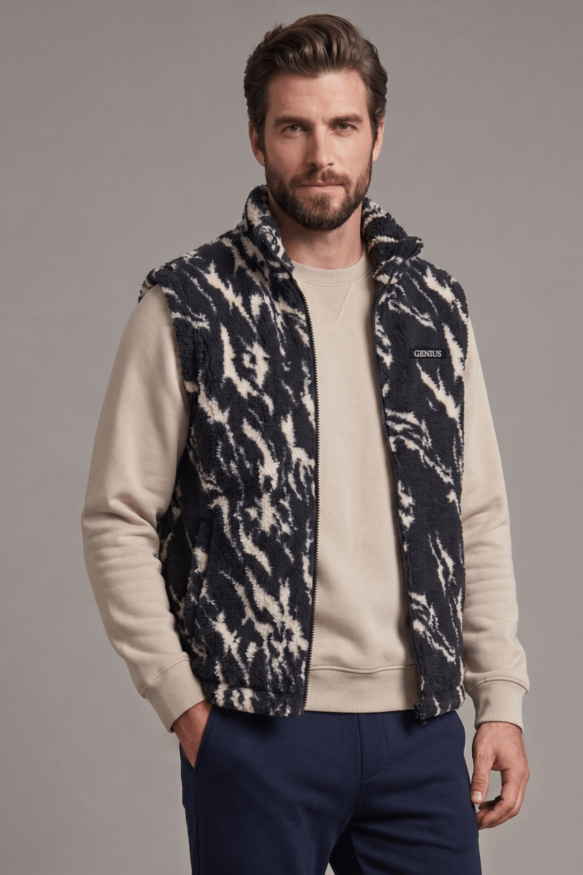 Genius Store Erkek Yelek İçi Şardonlu Sherpa Pelüş Yelek Tam Fermuarlı Cepli Kuzu Outdoor Yelek görsel 2