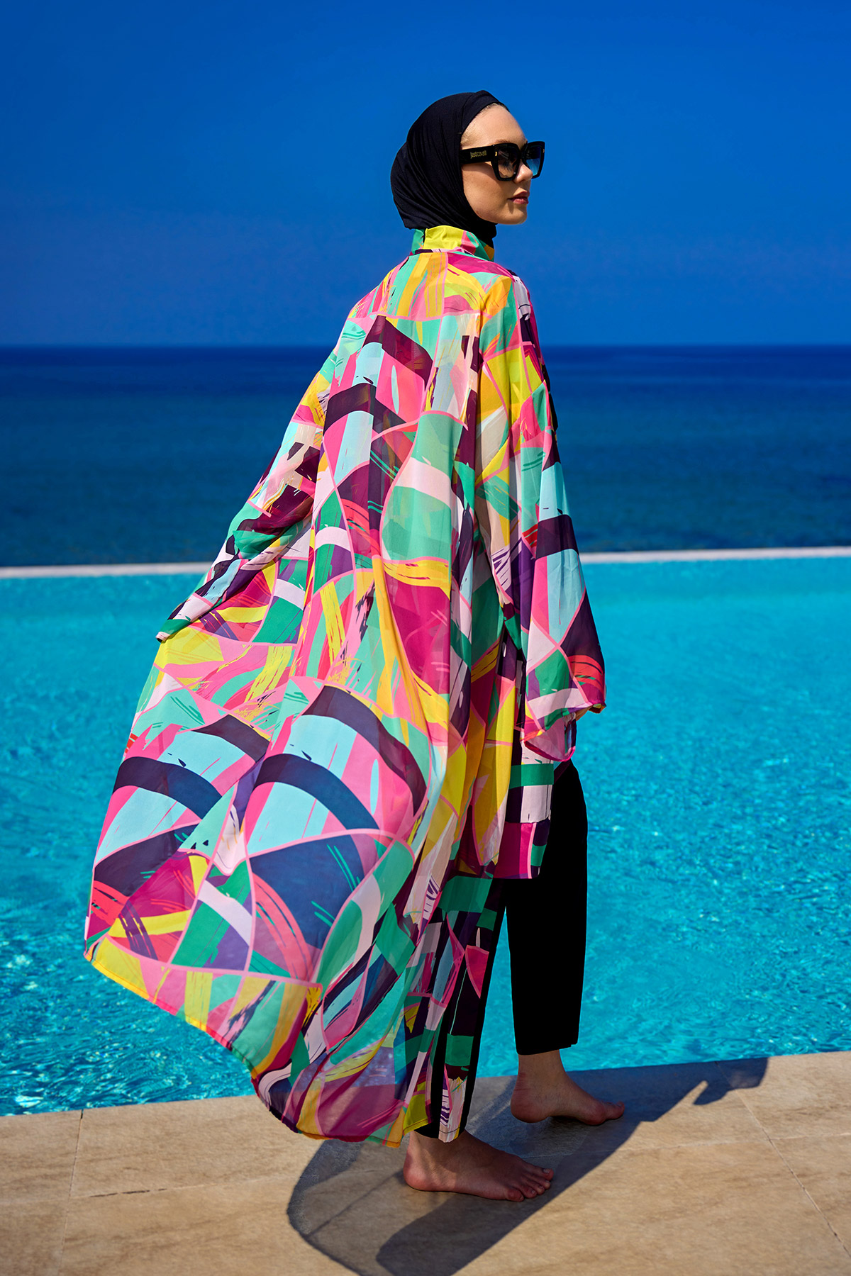 Riva Mera Renkli Desenli İpeksi Kimono Kaftan RP2511 görsel 3