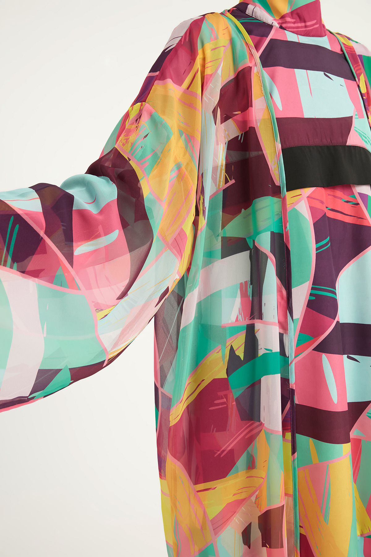 Riva Mera Renkli Desenli İpeksi Kimono Kaftan RP2511 görsel 4