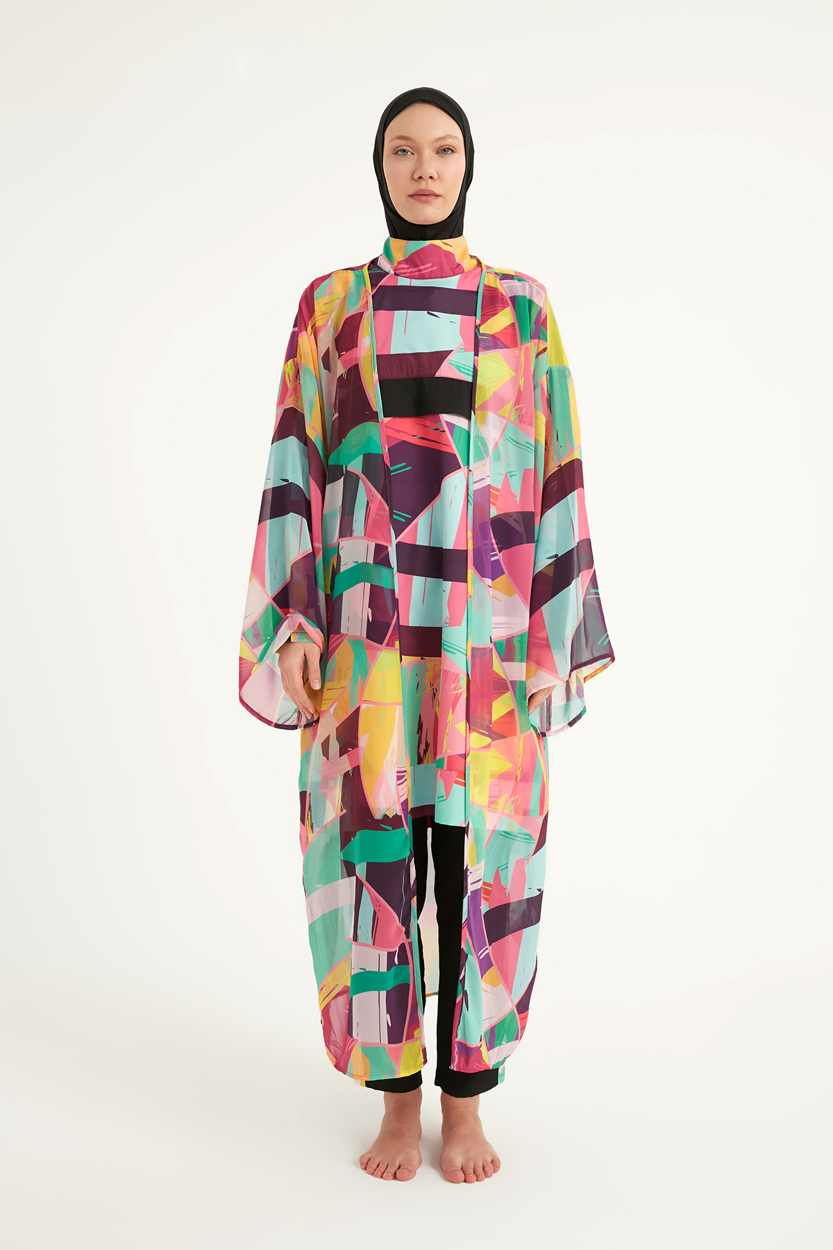 Riva Mera Renkli Desenli İpeksi Kimono Kaftan RP2511 görsel 5