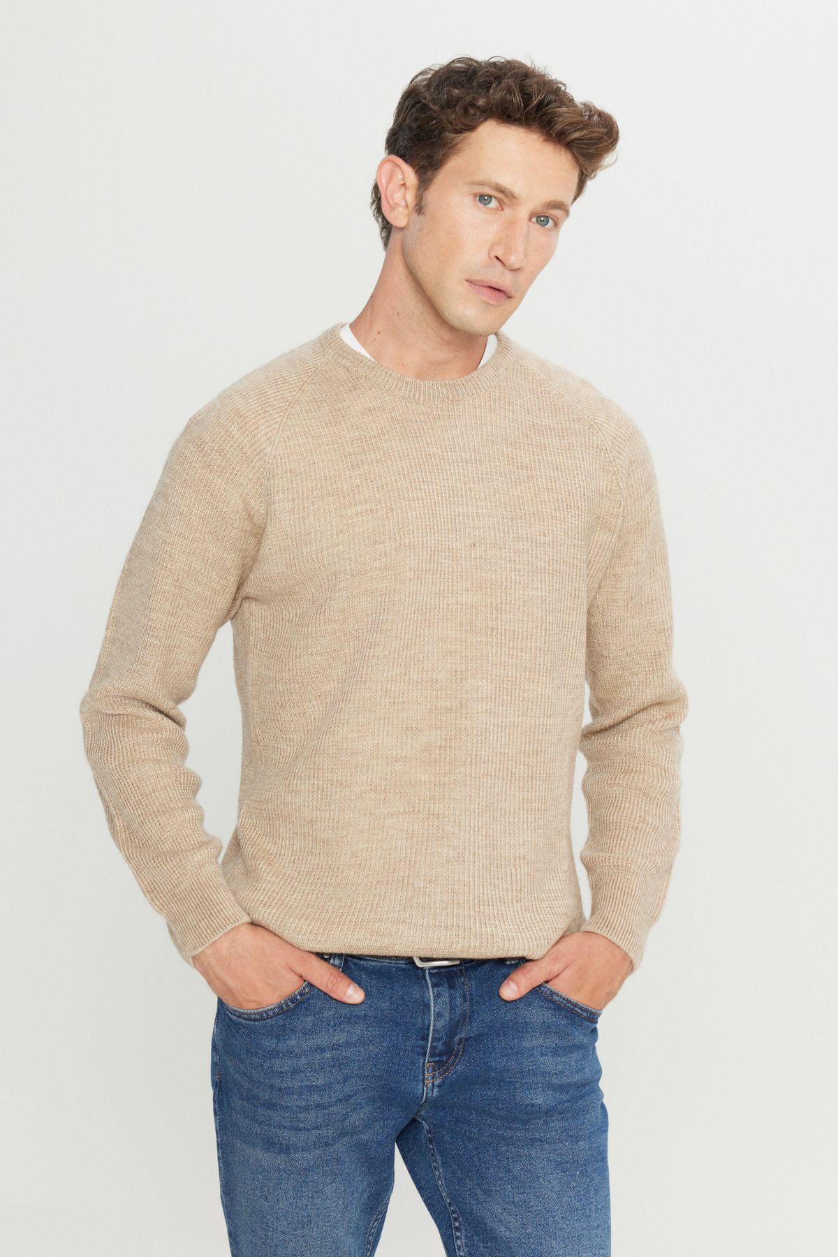 AC&Co / Altınyıldız Classics Erkek Bej Standart Fit Normal Kesim Bisiklet Yaka Jakarlı Triko Kazak