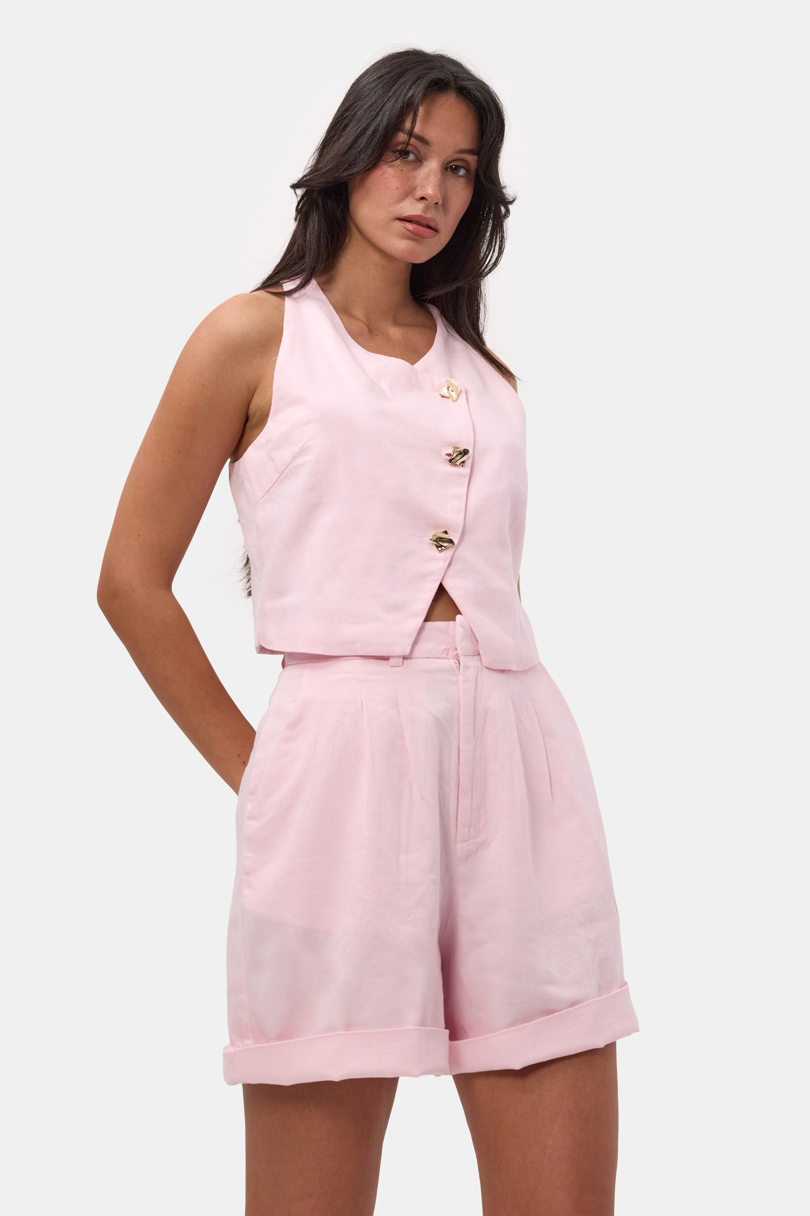 It's Basic Kadın Pembe 6s6-98 Crop Özel Tasarım Organik Keten Yelek görsel 4