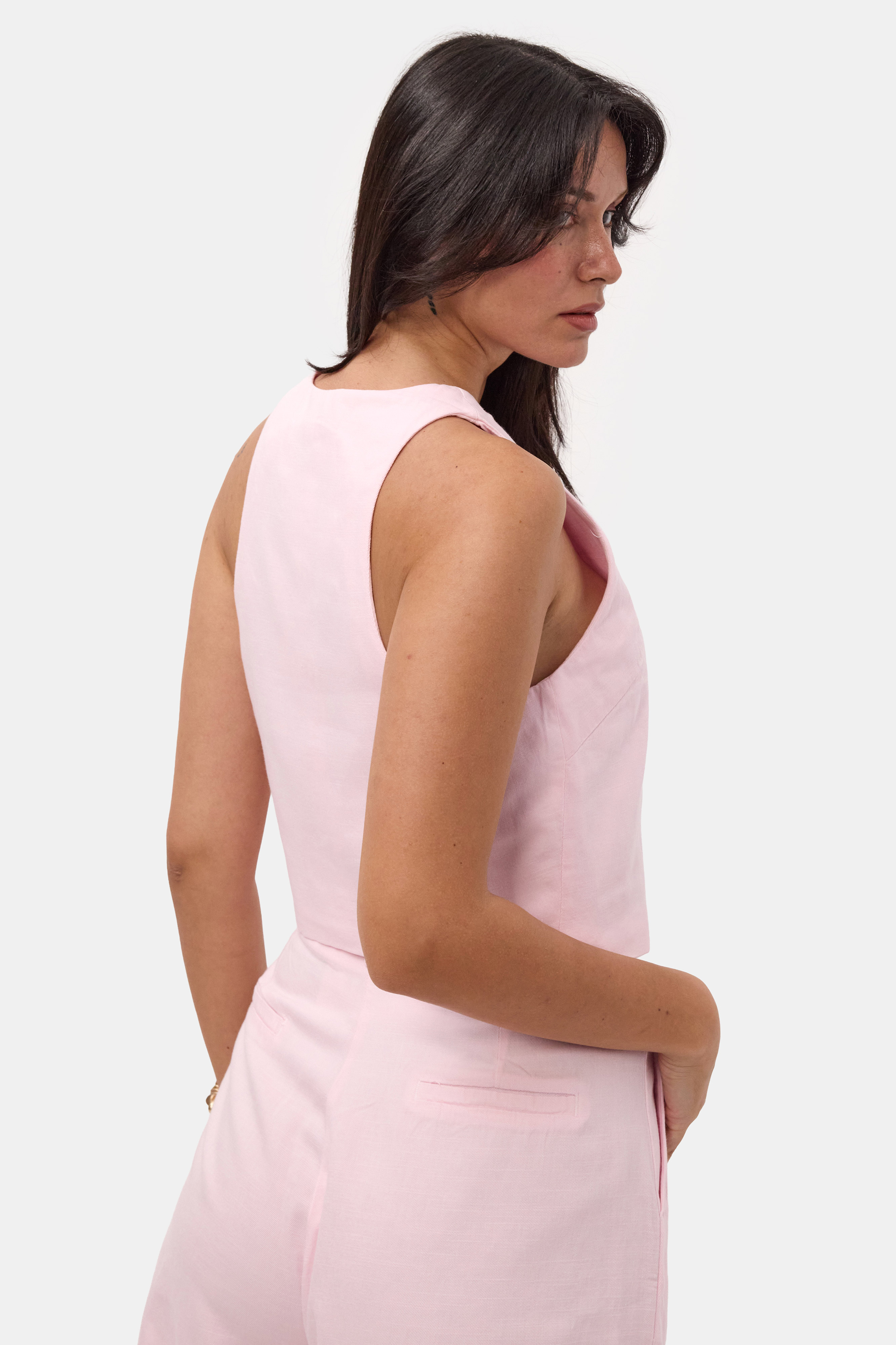 It's Basic Kadın Pembe 6s6-98 Crop Özel Tasarım Organik Keten Yelek görsel 6
