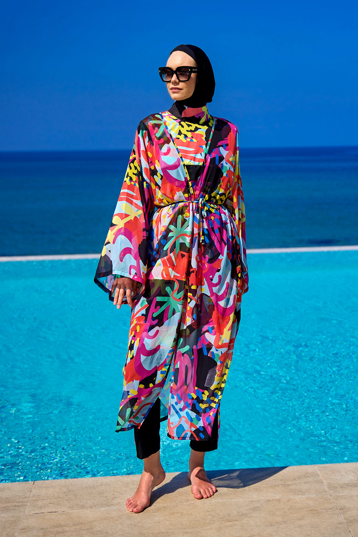 Riva Mera Renkli Desenli İpeksi Kimono Kaftan RP2510