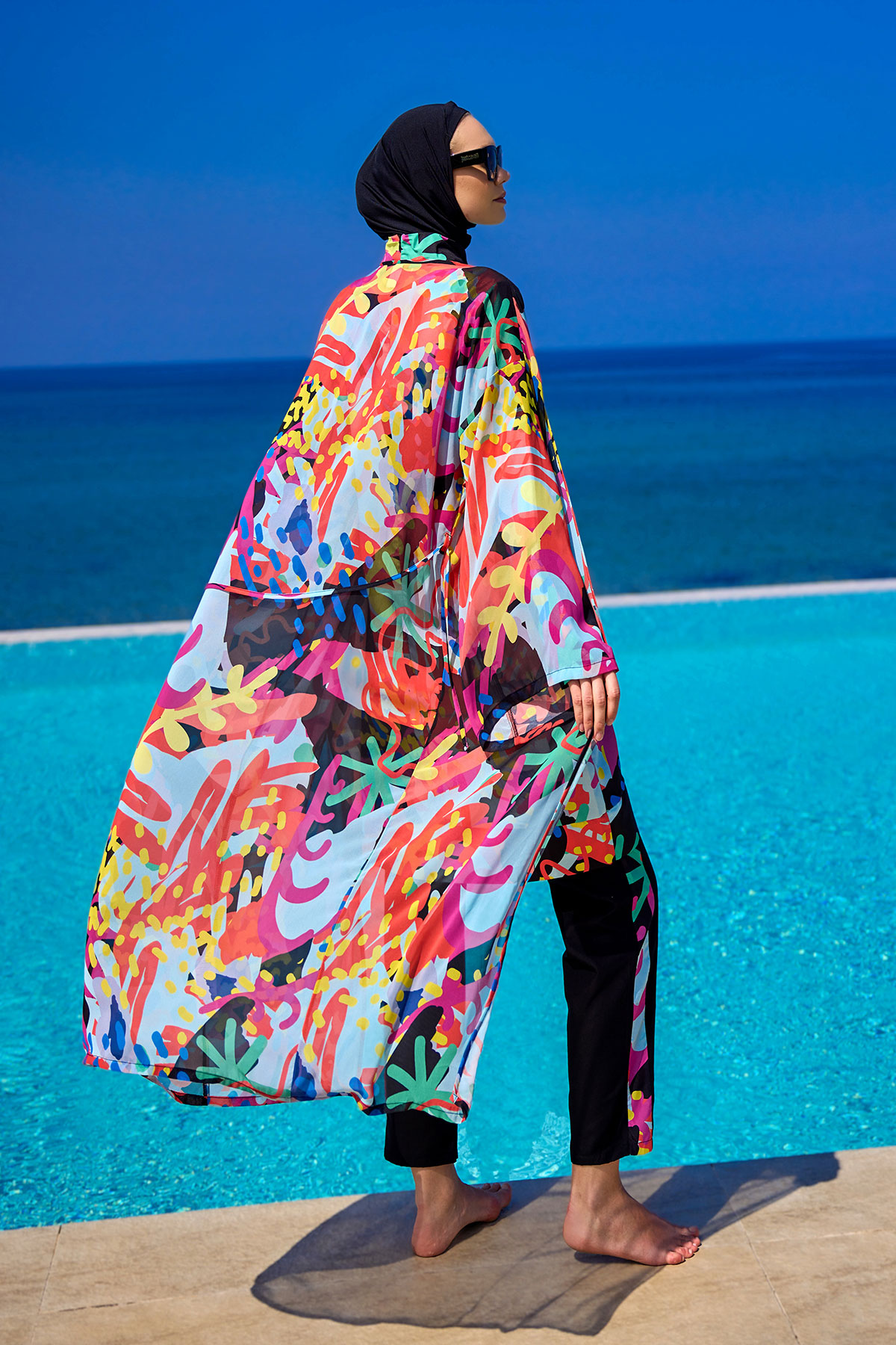 Riva Mera Renkli Desenli İpeksi Kimono Kaftan RP2510 görsel 2