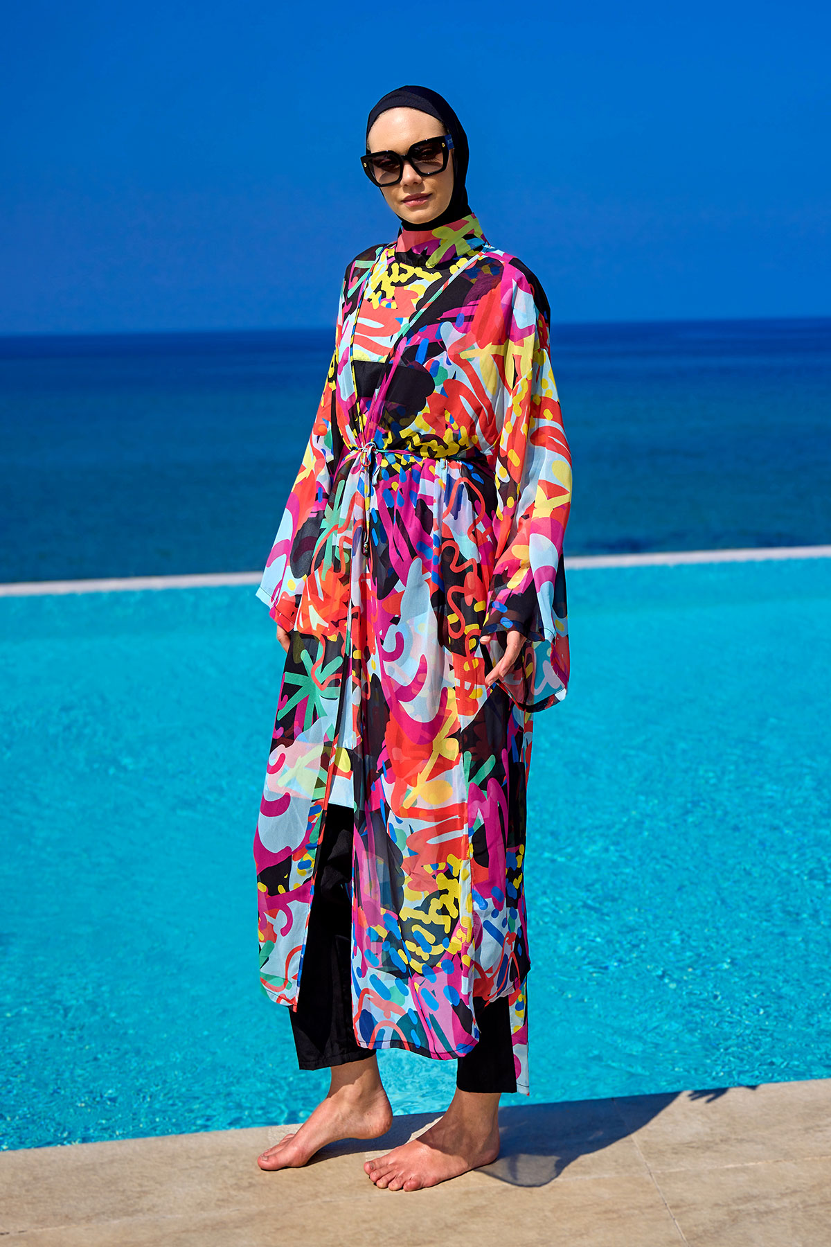 Riva Mera Renkli Desenli İpeksi Kimono Kaftan RP2510 görsel 3
