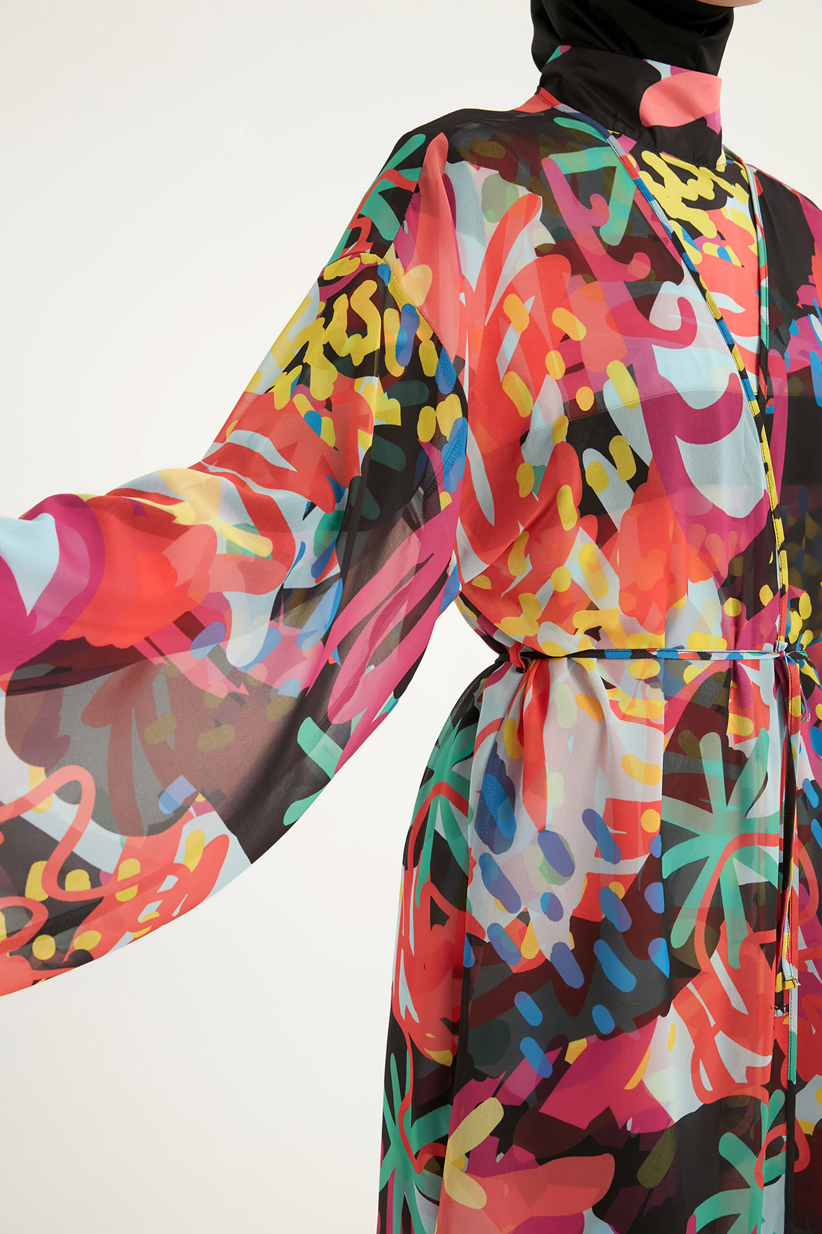 Riva Mera Renkli Desenli İpeksi Kimono Kaftan RP2510 görsel 4