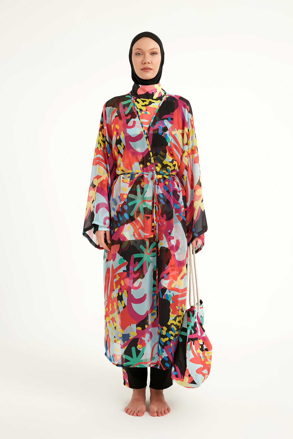 Riva Mera Renkli Desenli İpeksi Kimono Kaftan RP2510 görsel 5