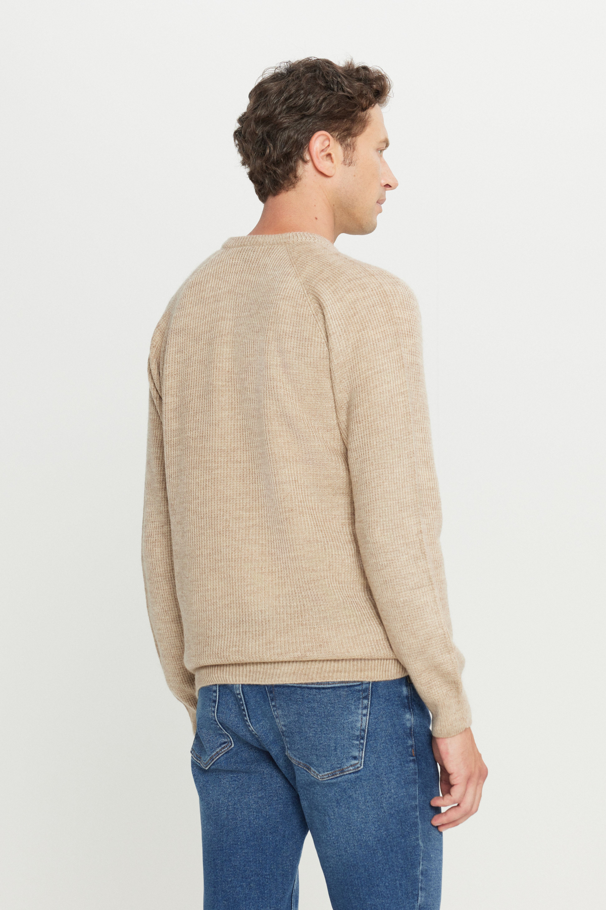 AC&Co / Altınyıldız Classics Erkek Bej Standart Fit Normal Kesim Bisiklet Yaka Jakarlı Triko Kazak görsel 5