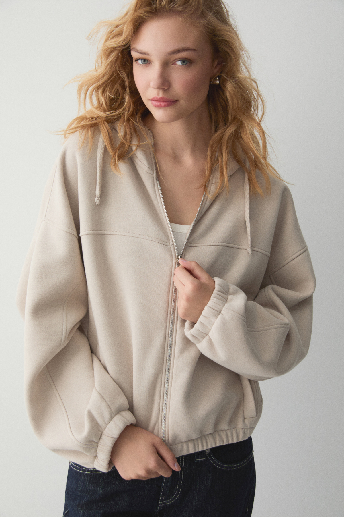 ETHIQUET VALIT Kadın Çift Cepli Eteği Ve Kol Ucu Lastikli Fermuarlı Oversize TAŞ Sweatshirt