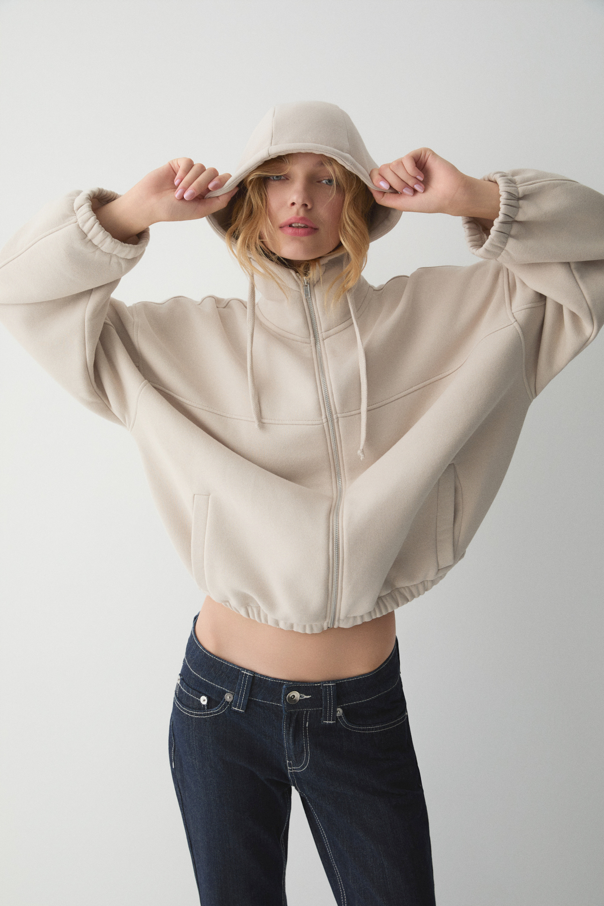 ETHIQUET VALIT Kadın Çift Cepli Eteği Ve Kol Ucu Lastikli Fermuarlı Oversize TAŞ Sweatshirt görsel 2
