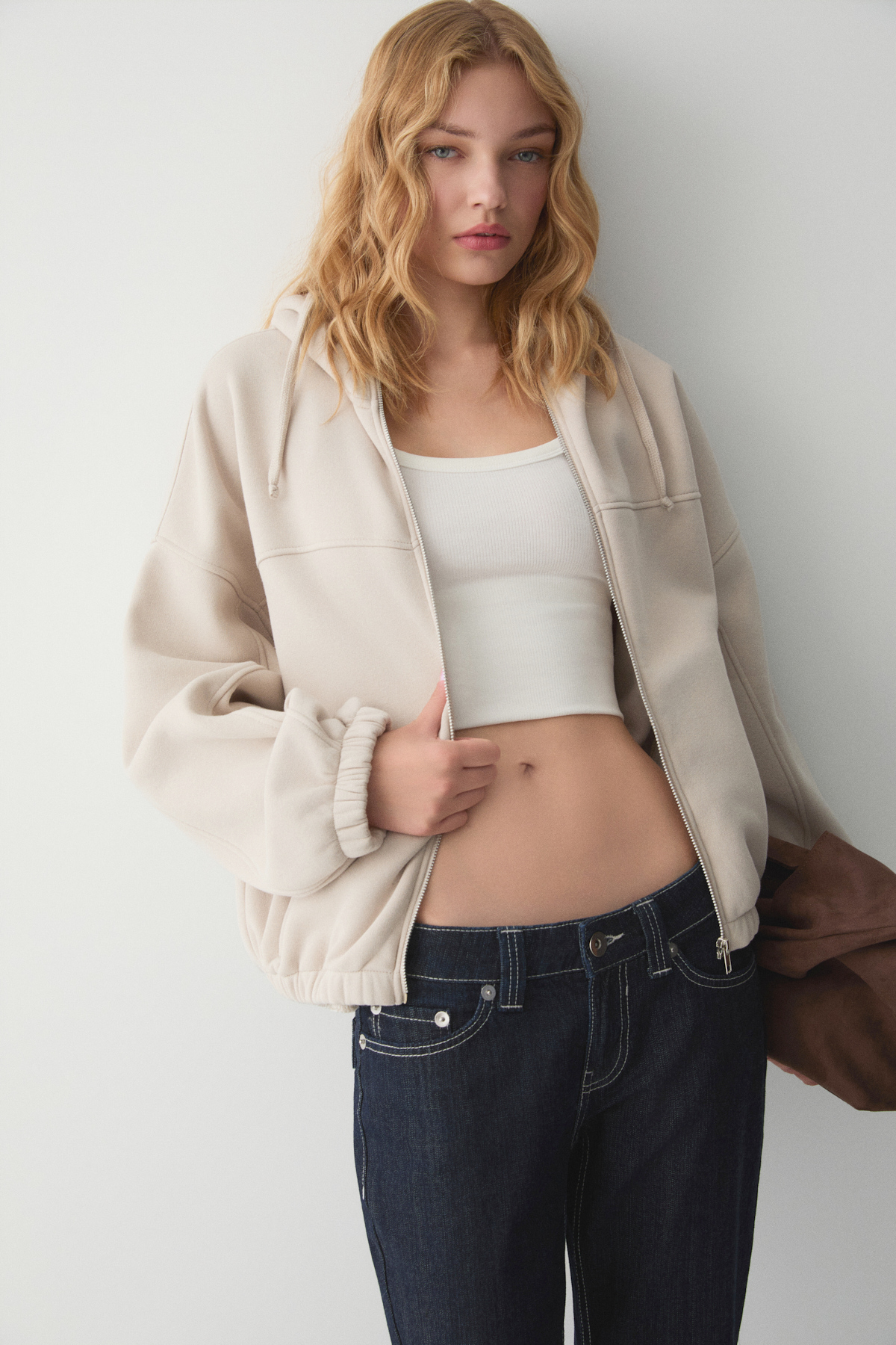 ETHIQUET VALIT Kadın Çift Cepli Eteği Ve Kol Ucu Lastikli Fermuarlı Oversize TAŞ Sweatshirt görsel 3