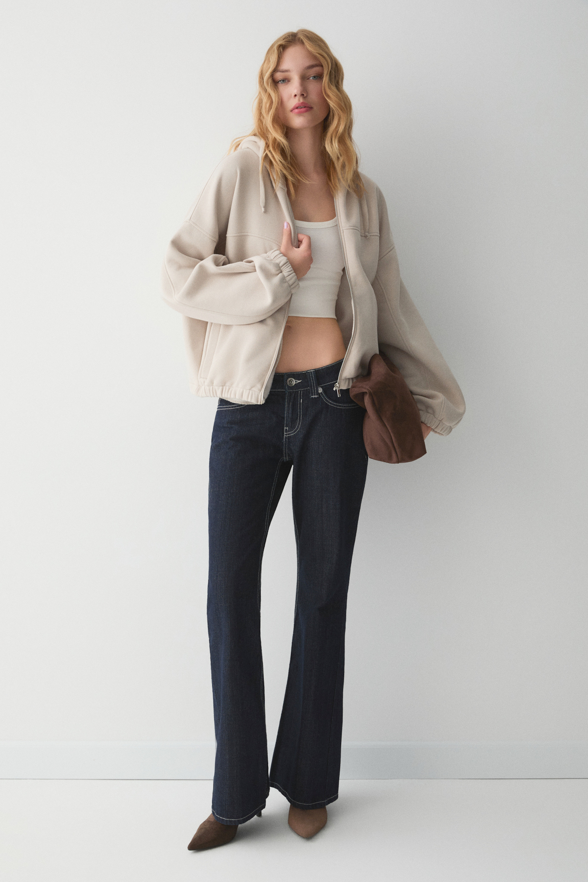 ETHIQUET VALIT Kadın Çift Cepli Eteği Ve Kol Ucu Lastikli Fermuarlı Oversize TAŞ Sweatshirt görsel 4