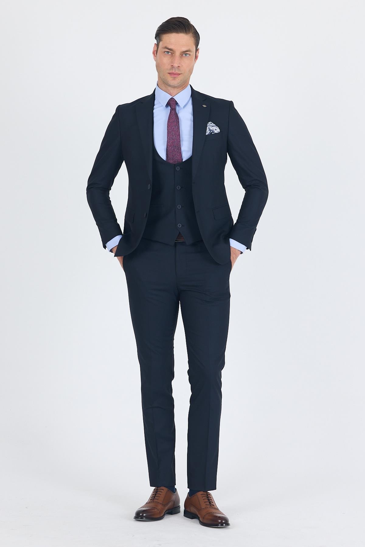 İMZA Lacivert Düz Bez Ayağı Mono Yaka 2 Düğme 6 Drop Slim Fit Basic Takım Elbise 1001250186_206