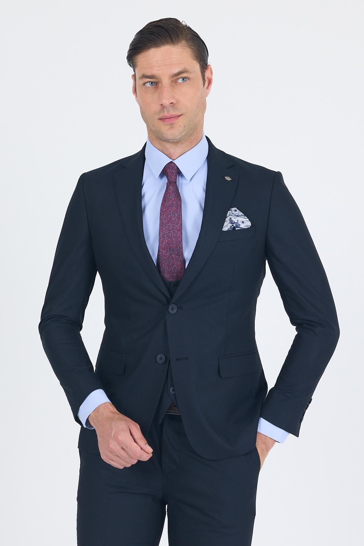 İMZA Lacivert Düz Bez Ayağı Mono Yaka 2 Düğme 6 Drop Slim Fit Basic Takım Elbise 1001250186_206 görsel 2