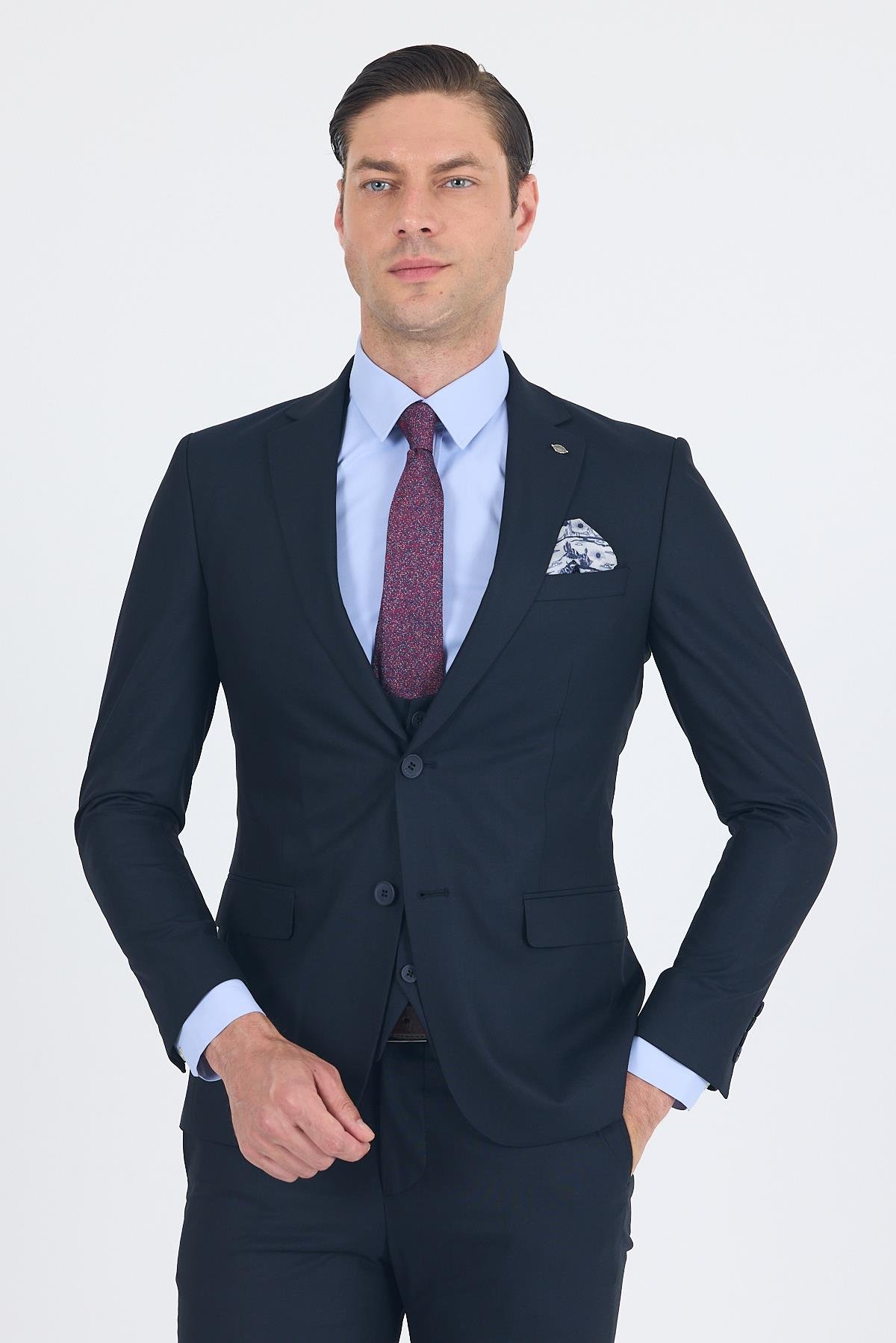 İMZA Lacivert Düz Bez Ayağı Mono Yaka 2 Düğme 6 Drop Slim Fit Basic Takım Elbise 1001250186_206 görsel 3