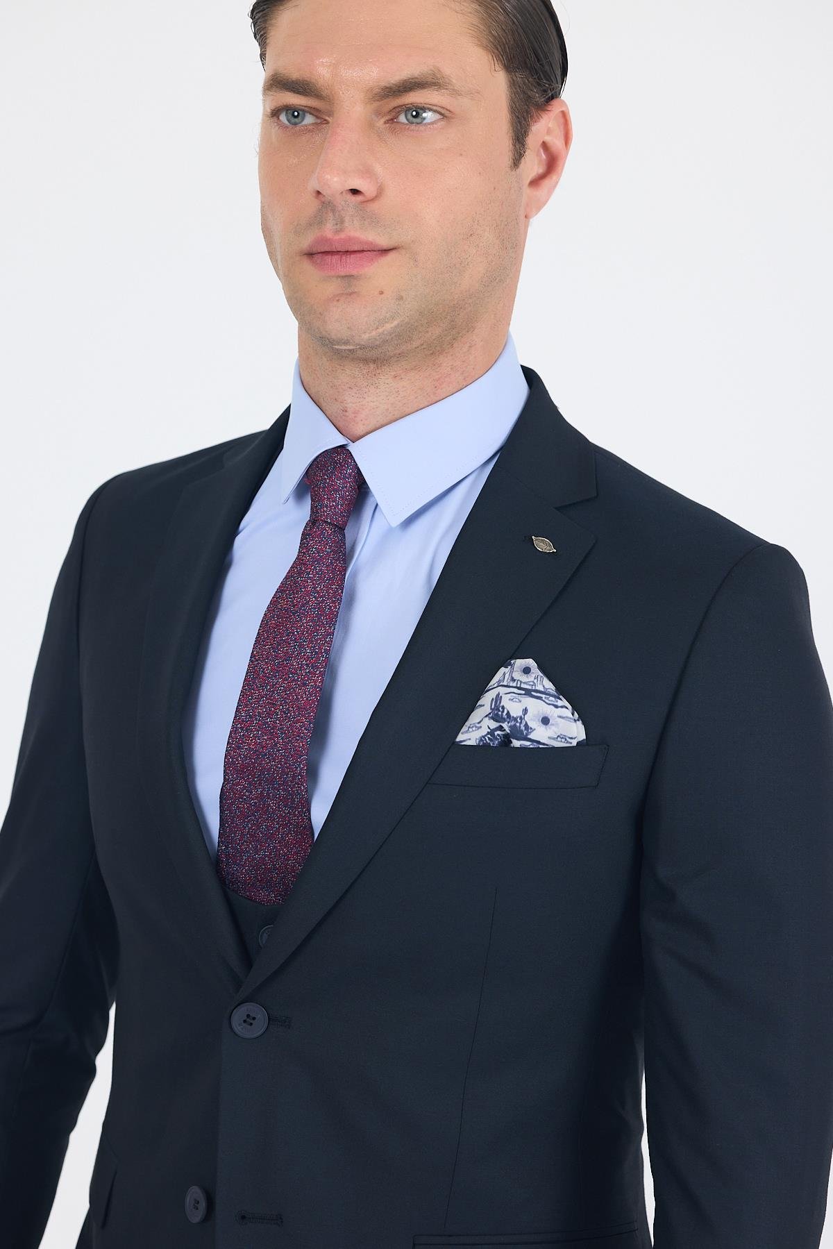 İMZA Lacivert Düz Bez Ayağı Mono Yaka 2 Düğme 6 Drop Slim Fit Basic Takım Elbise 1001250186_206 görsel 4