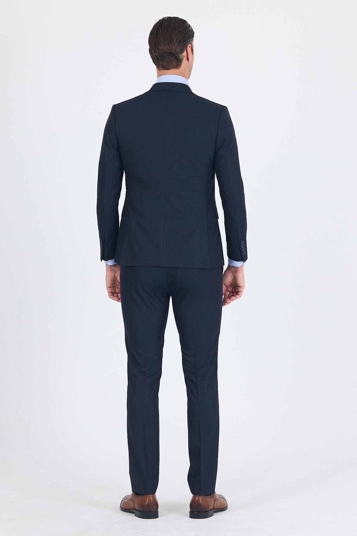 İMZA Lacivert Düz Bez Ayağı Mono Yaka 2 Düğme 6 Drop Slim Fit Basic Takım Elbise 1001250186_206 görsel 5
