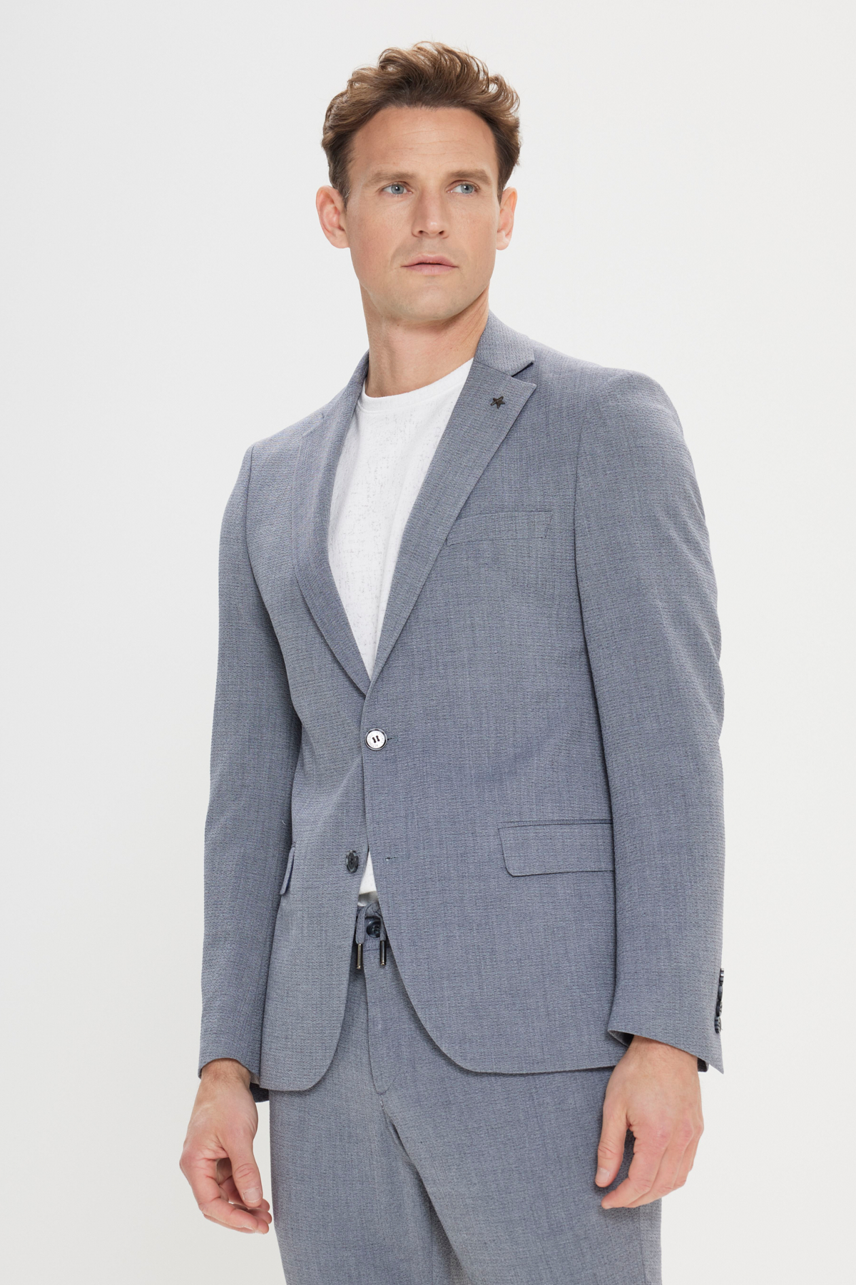 Altınyıldız Classics Erkek Gri Slim Fit Mono Yaka Beli Bağlamalı Gofre Desenli Takım Elbise