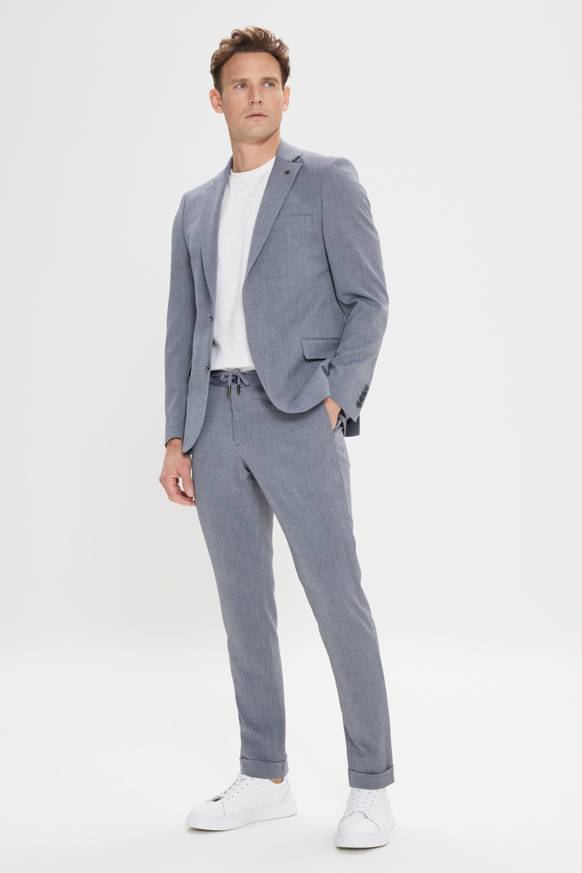 Altınyıldız Classics Erkek Gri Slim Fit Mono Yaka Beli Bağlamalı Gofre Desenli Takım Elbise görsel 2
