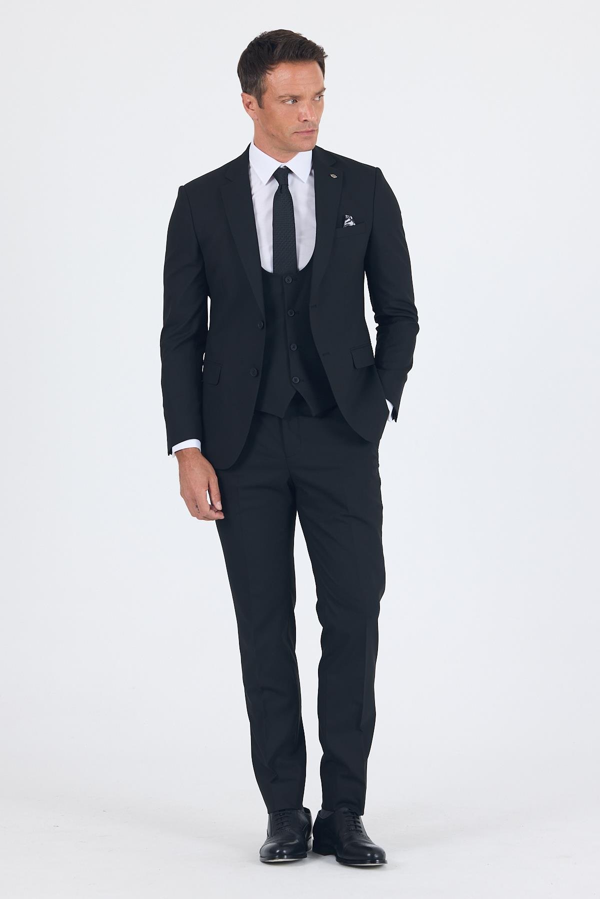 İMZA Siyah Düz Bez Ayağı Mono Yaka 2 Düğme 6 Drop Slim Fit Basic Takım Elbise 1001250186_001