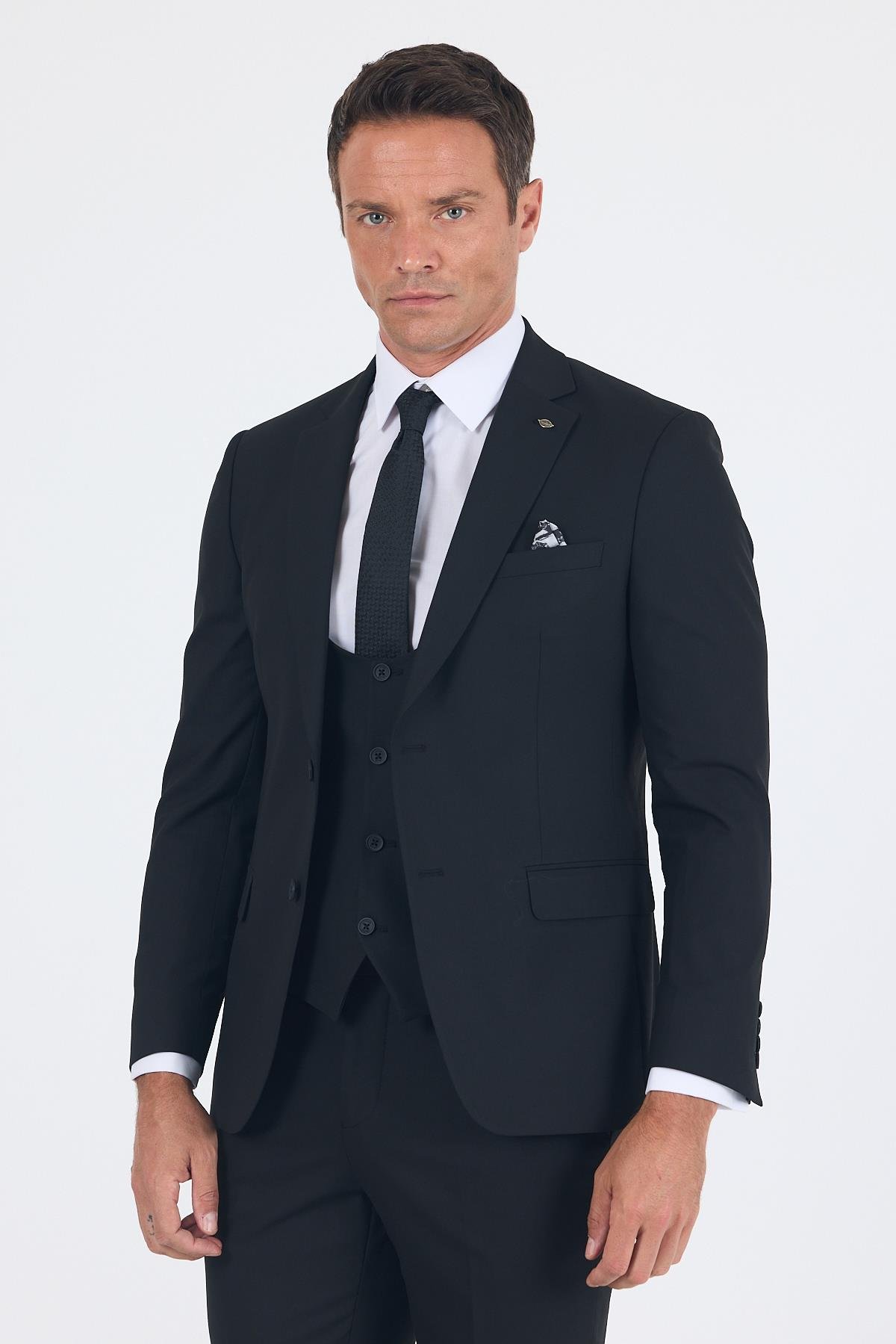 İMZA Siyah Düz Bez Ayağı Mono Yaka 2 Düğme 6 Drop Slim Fit Basic Takım Elbise 1001250186_001 görsel 2