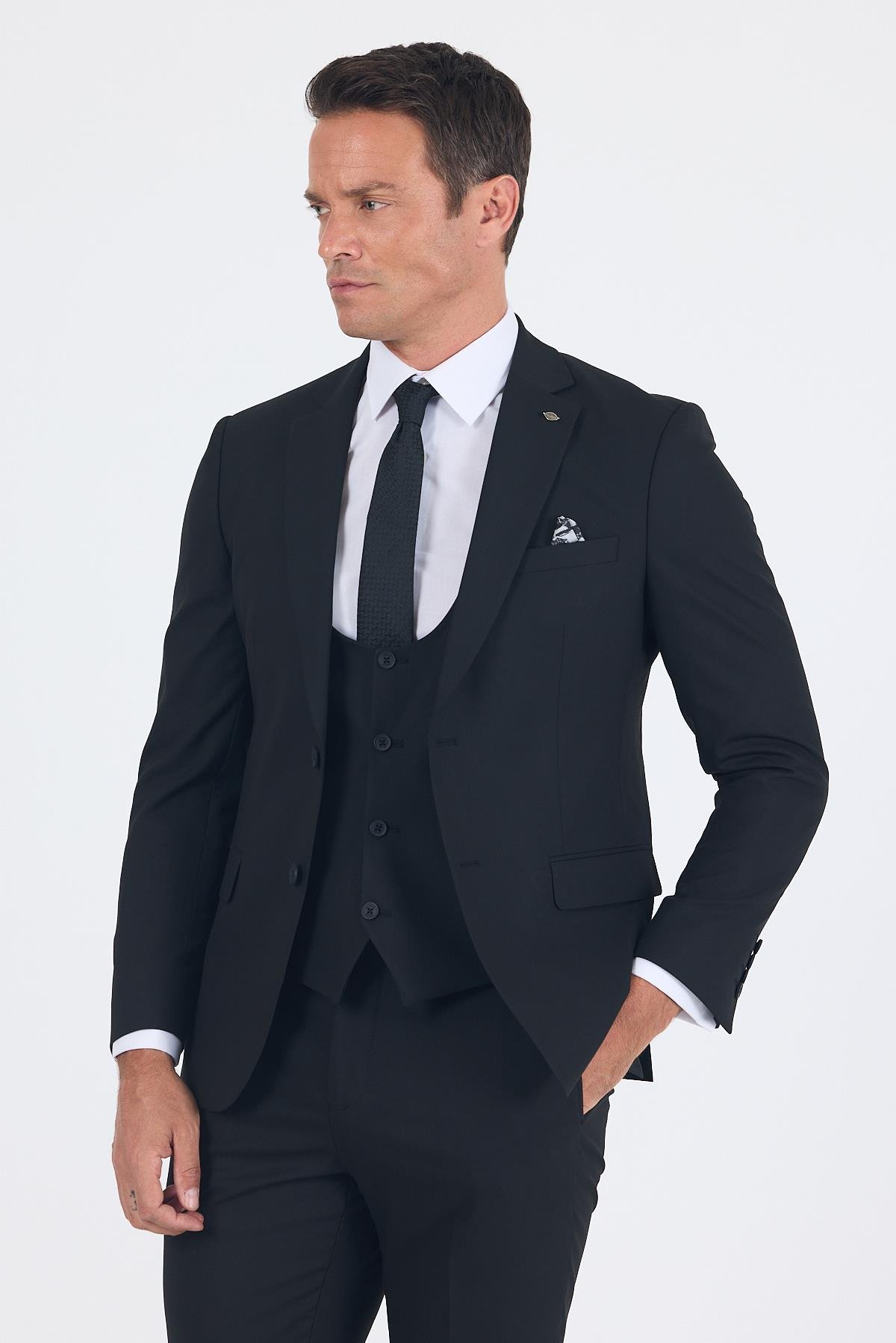 İMZA Siyah Düz Bez Ayağı Mono Yaka 2 Düğme 6 Drop Slim Fit Basic Takım Elbise 1001250186_001 görsel 3