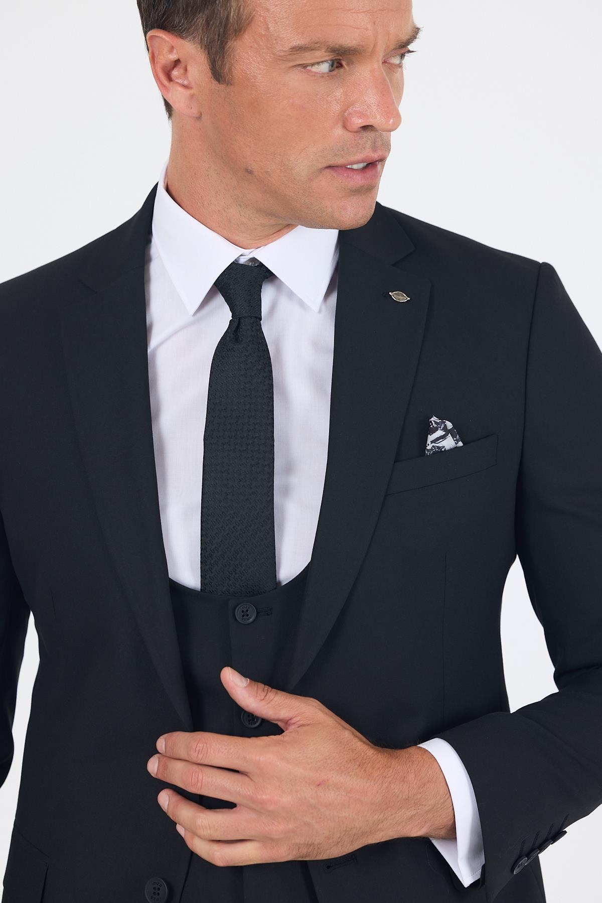 İMZA Siyah Düz Bez Ayağı Mono Yaka 2 Düğme 6 Drop Slim Fit Basic Takım Elbise 1001250186_001 görsel 4