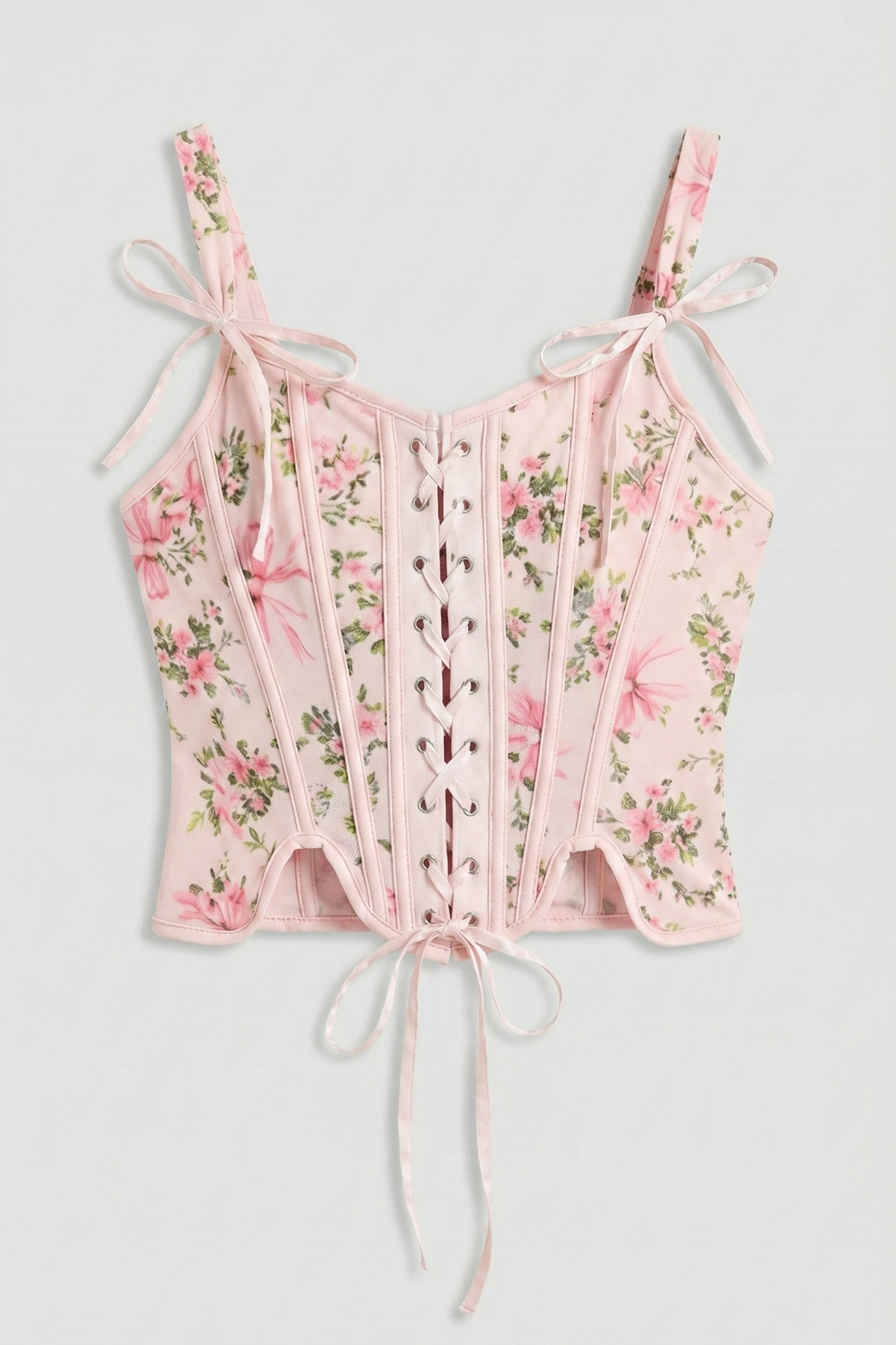 It's Basic Kadın Pembe Çiçekli w5 Balenli Kuş Gözü Detaylı Özel Desen Tasarım Askılı Büstiyer
