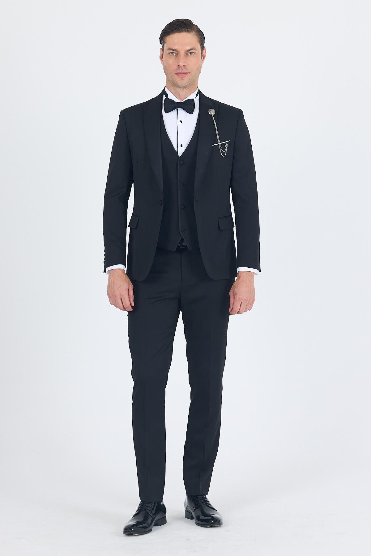 İMZA Siyah Kılıç Yaka Tek Düğme Slim Fit Yelekli Ceremony Takım Elbise 1001250200