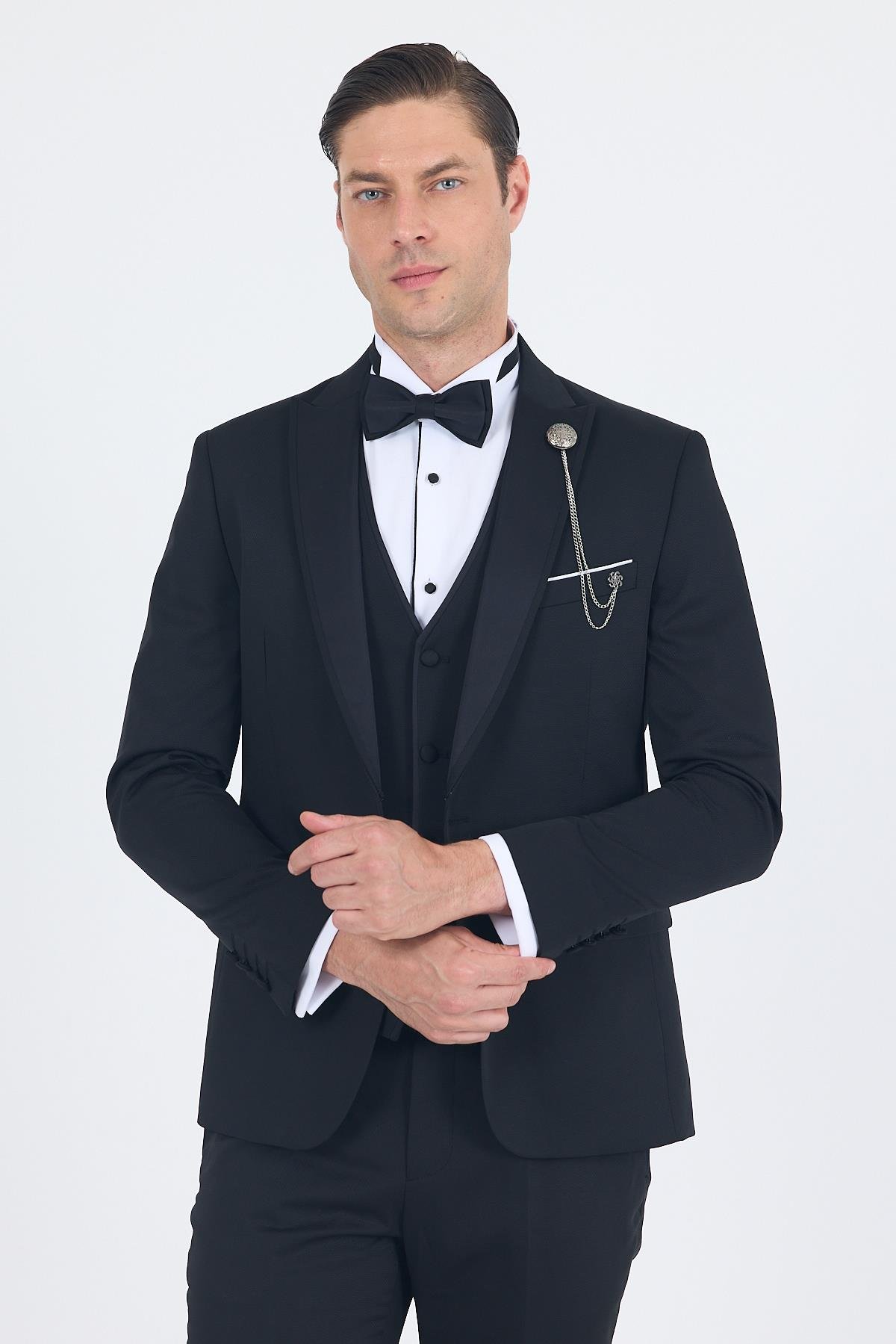 İMZA Siyah Kılıç Yaka Tek Düğme Slim Fit Yelekli Ceremony Takım Elbise 1001250200 görsel 2