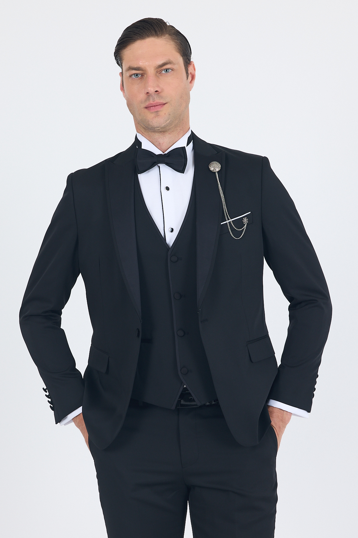 İMZA Siyah Kılıç Yaka Tek Düğme Slim Fit Yelekli Ceremony Takım Elbise 1001250200 görsel 3