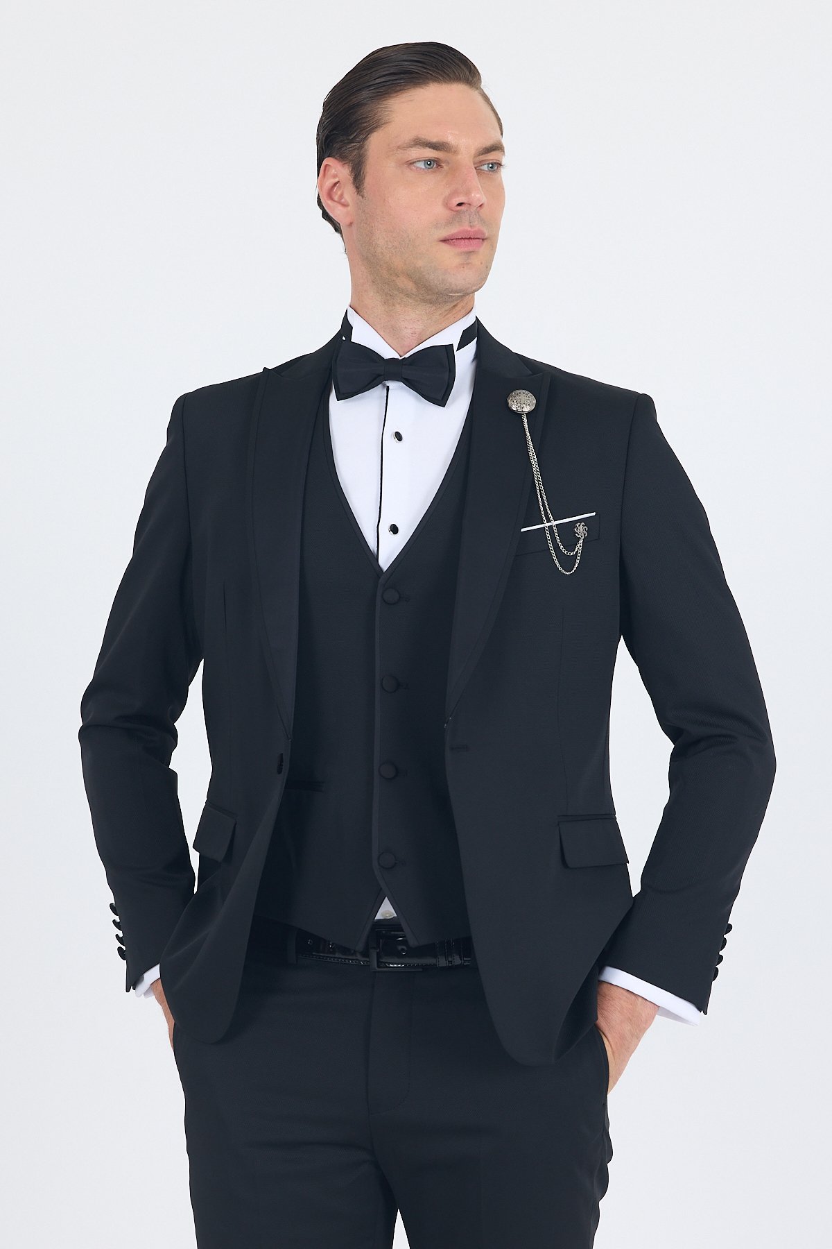 İMZA Siyah Kılıç Yaka Tek Düğme Slim Fit Yelekli Ceremony Takım Elbise 1001250200 görsel 4