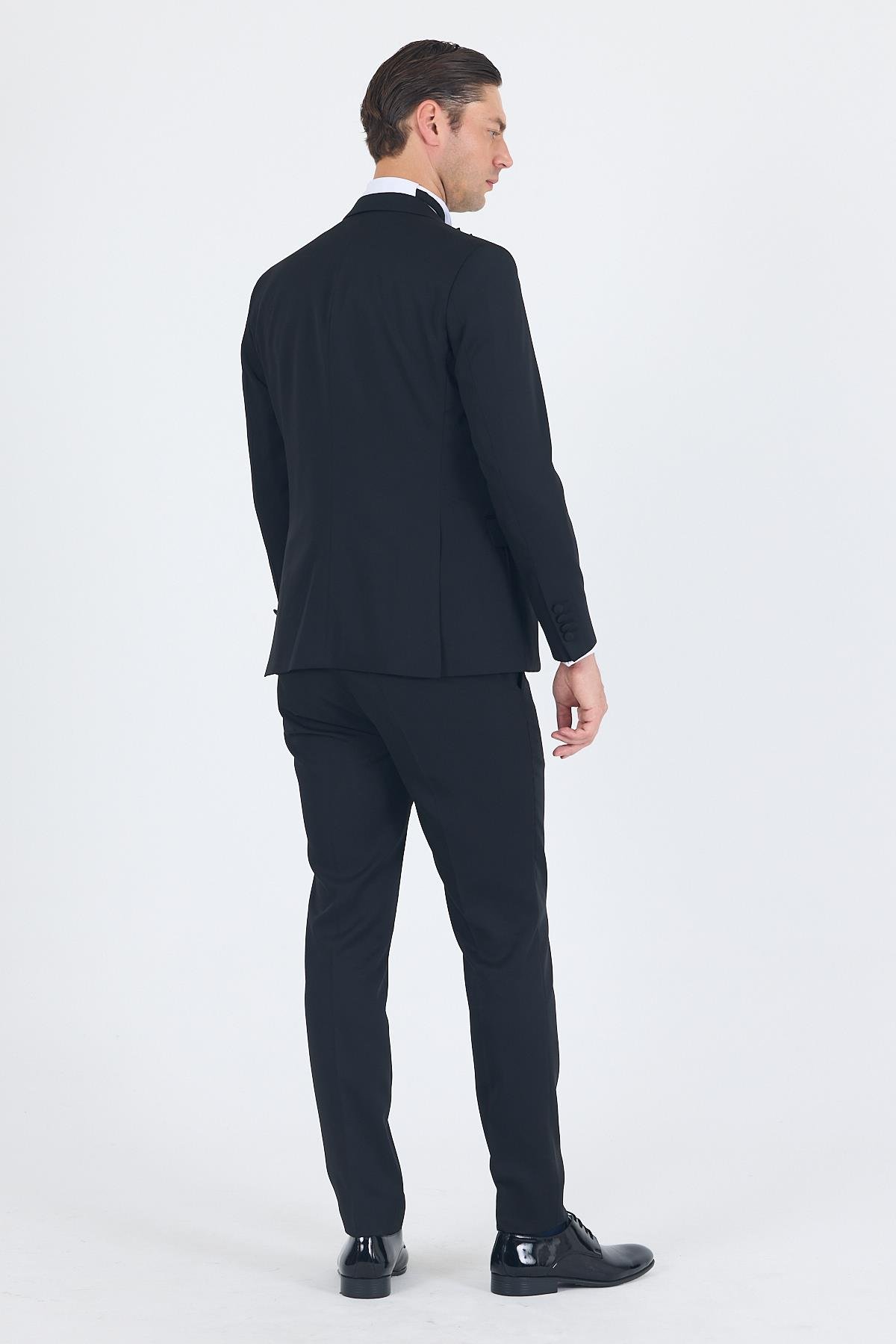 İMZA Siyah Kılıç Yaka Tek Düğme Slim Fit Yelekli Ceremony Takım Elbise 1001250200 görsel 5