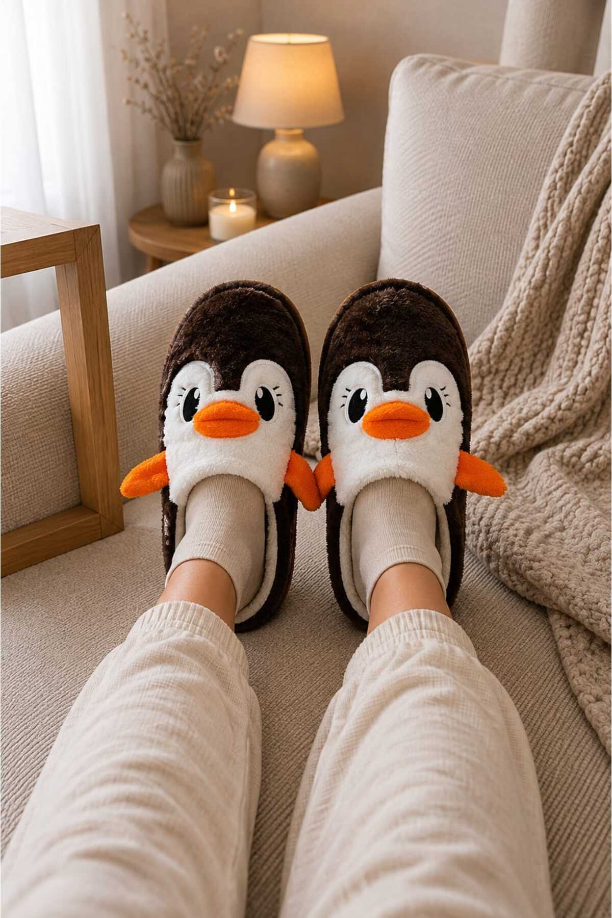 Slipcat Kadın Pelüş Penguen Figürlü Ev Terliği Sıcak Tutan Kışlık Panduf Terlik