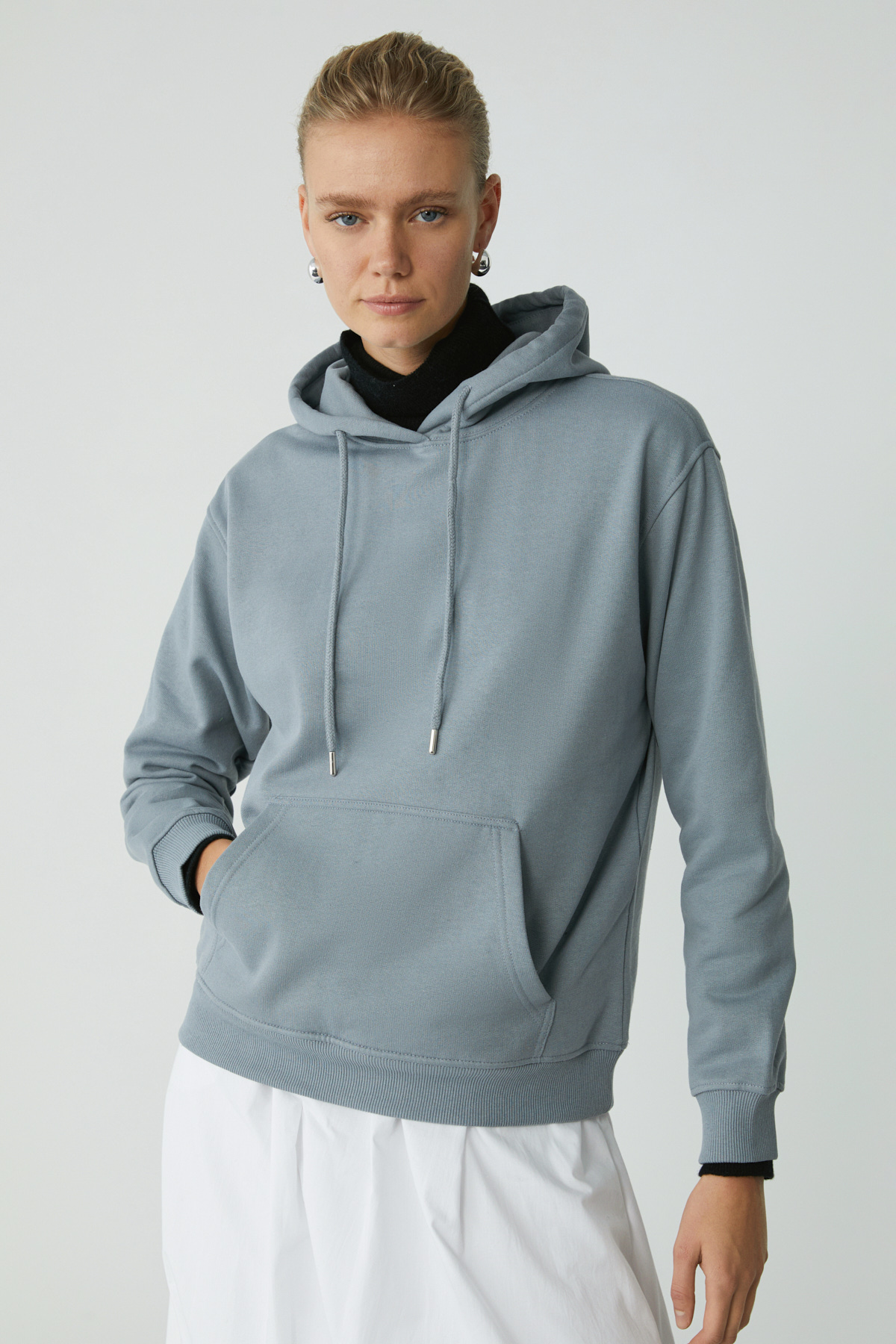 ETHIQUET ABELIA Kadın Pamuklu Içi Polarlı Yumuşacık Kalın Kumaşlı Kapüşonlu Örme Comfort MAVİ Sweatshirt