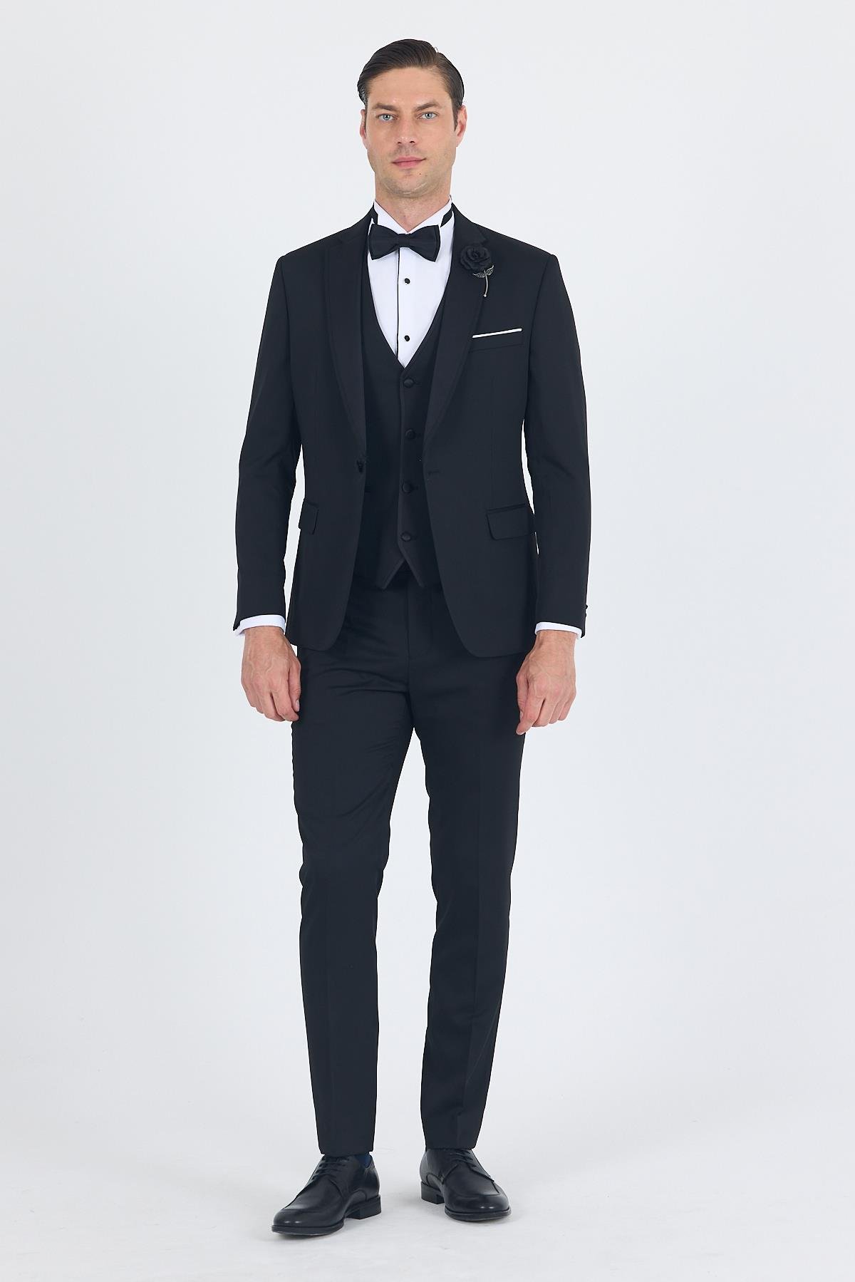 İMZA Siyah Mono Yaka Tek Düğme Slim Fit Yelekli Ceremony Takım Elbise 1001250201 görsel 2