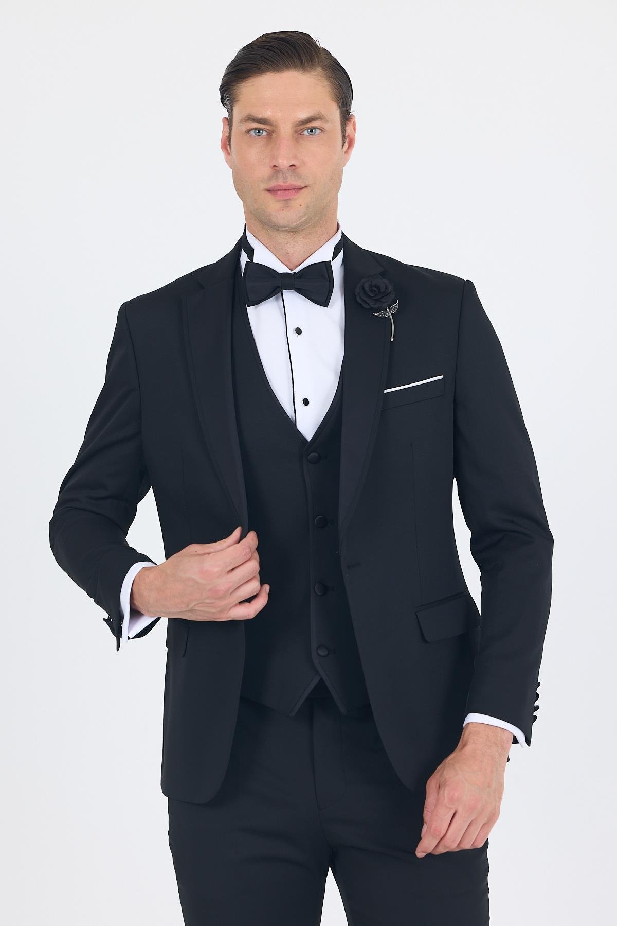 İMZA Siyah Mono Yaka Tek Düğme Slim Fit Yelekli Ceremony Takım Elbise 1001250201 görsel 3