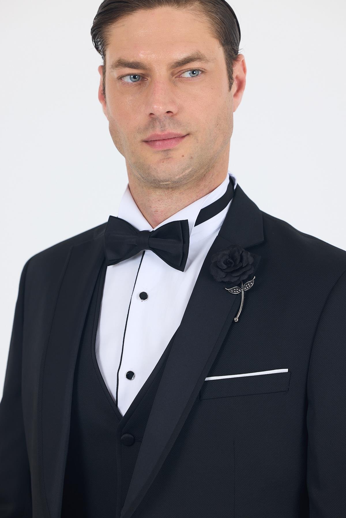 İMZA Siyah Mono Yaka Tek Düğme Slim Fit Yelekli Ceremony Takım Elbise 1001250201 görsel 4
