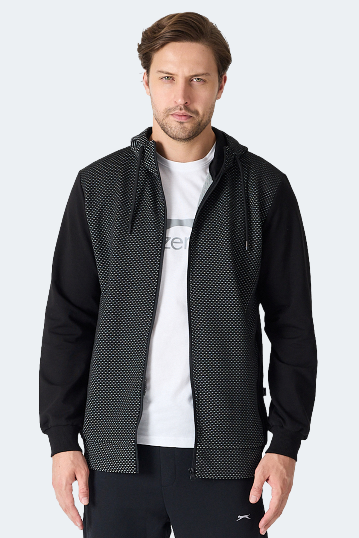SLAZENGER FLAME Kapüşonlu Cepli Siyah Erkek Polar Fermuarlı Sweatshirt Hırka
