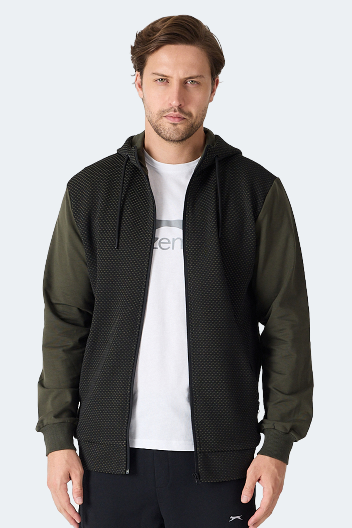 SLAZENGER FLAME Kapüşonlu Cepli Haki Erkek Polar Fermuarlı Sweatshirt Hırka