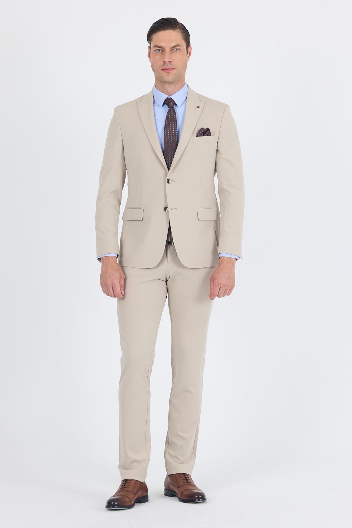 İMZA Bej Kırlangıç Yaka Kelebek Astar 6 Drop Slim Fit Beli Lastikli Takım Elbise 1001250176