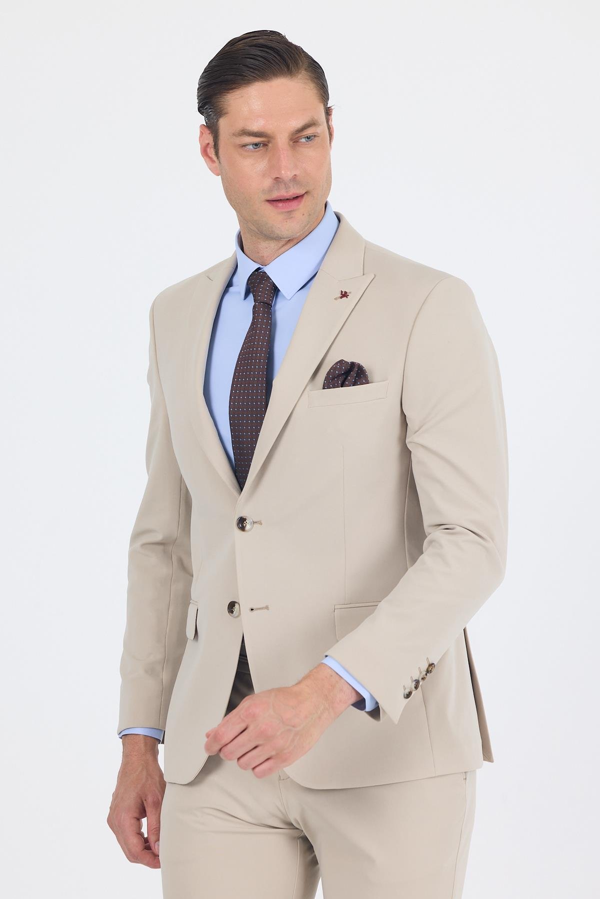 İMZA Bej Kırlangıç Yaka Kelebek Astar 6 Drop Slim Fit Beli Lastikli Takım Elbise 1001250176 görsel 2
