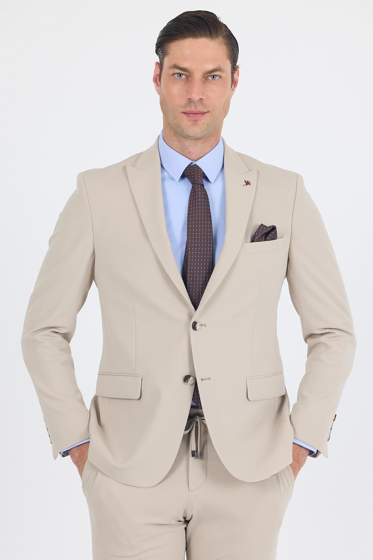 İMZA Bej Kırlangıç Yaka Kelebek Astar 6 Drop Slim Fit Beli Lastikli Takım Elbise 1001250176 görsel 3