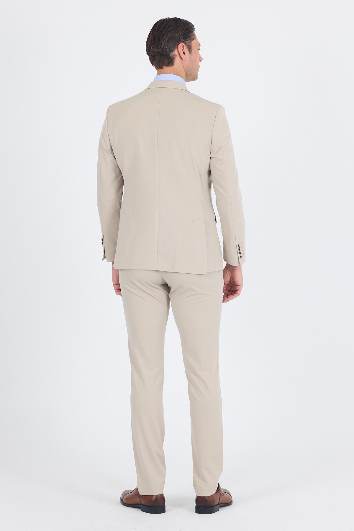 İMZA Bej Kırlangıç Yaka Kelebek Astar 6 Drop Slim Fit Beli Lastikli Takım Elbise 1001250176 görsel 5