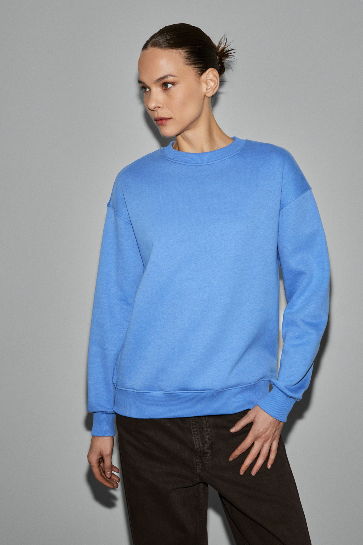 GRIMELANGE VANELTINA Kadın Organik Pamuklu Yumuşacık İçi Polarlı Yuvarlak yakalı MAVİ Sweatshirt görsel 3