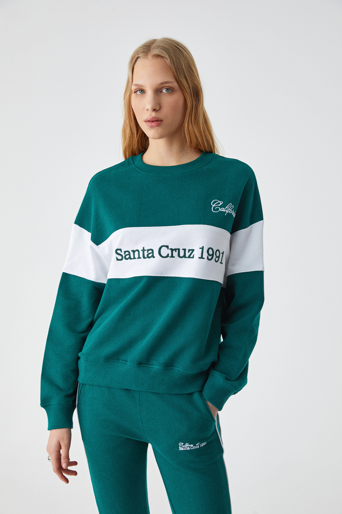 ETHIQUET NINOSKA Kadın Oversize Bisiklet Yaka YEŞİL-BEYAZ Sweatshirt
